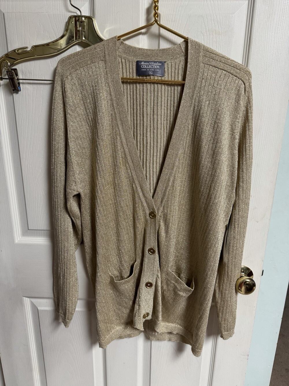 MARISA CHRISTINA WOMEN XL METALLIC GOLD CARDIGAN SWEATER Ribbed 44x30